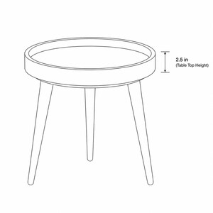May include: A black and white line drawing of a round table with three tapered legs. The circular tabletop features a raised edge. A dimension line indicates a table top height of 6.35 cm, with the text 2.5 in (Table Top Height) visible.