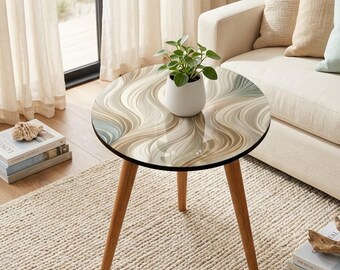 Ronde bijzettafel abstracte golfaccenttafel neutraal beige decor bedrukt mdf blad glanzende lakafwerking massief mangohout modern organisch huis