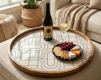 Bandeja de servir geométrica de madera estampada / Decoración redonda de mesa de centro de madera de mango / Organizador de cocina moderno