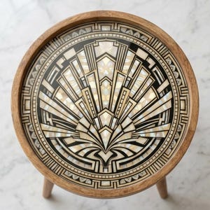Può includere: Tavolino rotondo in legno con un design intarsiato decorativo. Il piano del tavolo presenta un motivo geometrico in nero, crema e materiali iridescenti. Il tavolo ha tre gambe in legno e una finitura in legno naturale.