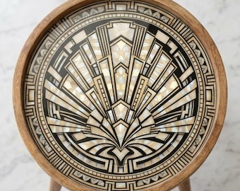 Tavolino laterale in legno di mango fatto a mano / Tavolino rotondo decorativo con stampa Art Déco