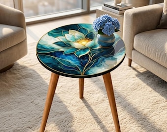 Blue Lotus Side Table | Printed Floral End Table | Handmade Accent Table | Botanical Living Room Decor | Unique Home Gift