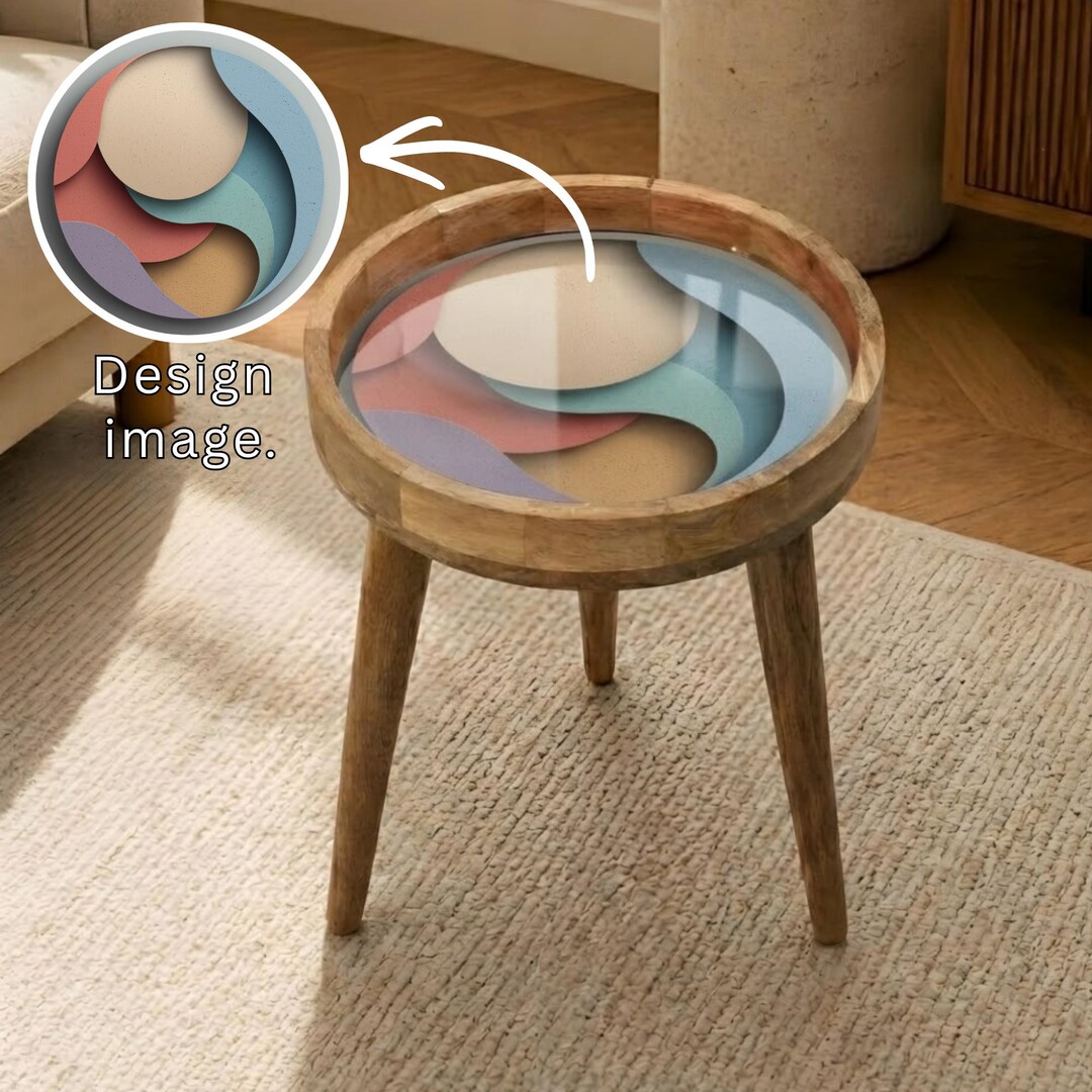 Abstract Printed Mango Wood Side Table | Pastel Geometric Boho Accent ...