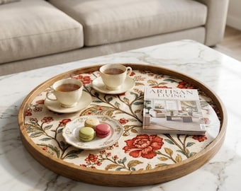 Bandeja de madera vintage con estampado floral / Decoración de mesa de centro de madera de mango estampada / Plato de té
