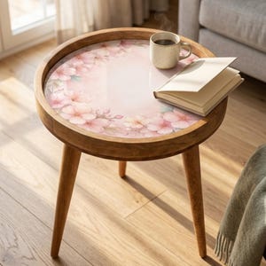 Gedruckter Mango Holz Beistelltisch | Kirschblüten-runder Beistelltisch | Handgemachter Nachttisch | Blush Pink Sakura Akzent Tisch | Frühling Schlafzimmer Dekor