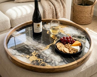 Marble Design Wooden Tray | Mango Wood Printed Coffee Table Decor | Modern Tea Platter