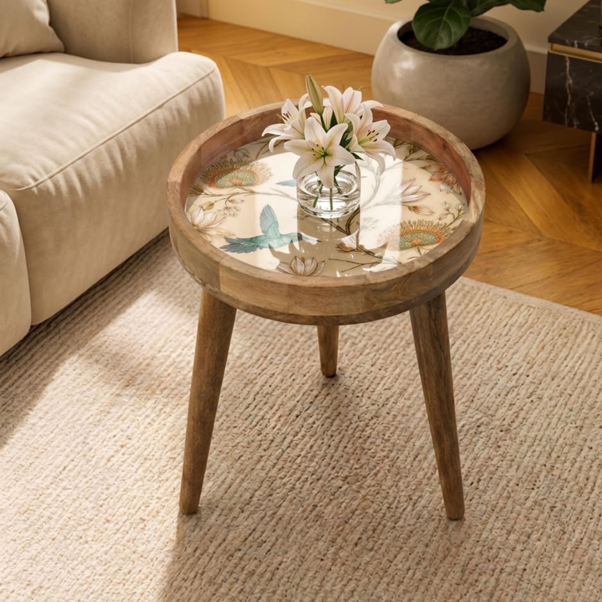 Handmade Mango Wood Side Table | Hummingbird Floral Botanical Accent ...