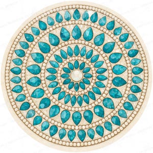 May include: A circular decorative wall art piece featuring a radial mandala pattern. The design consists of concentric rings of small cream-coloured beads alternating with rows of faceted, teardrop-shaped teal gemstones surrounding a central bead.