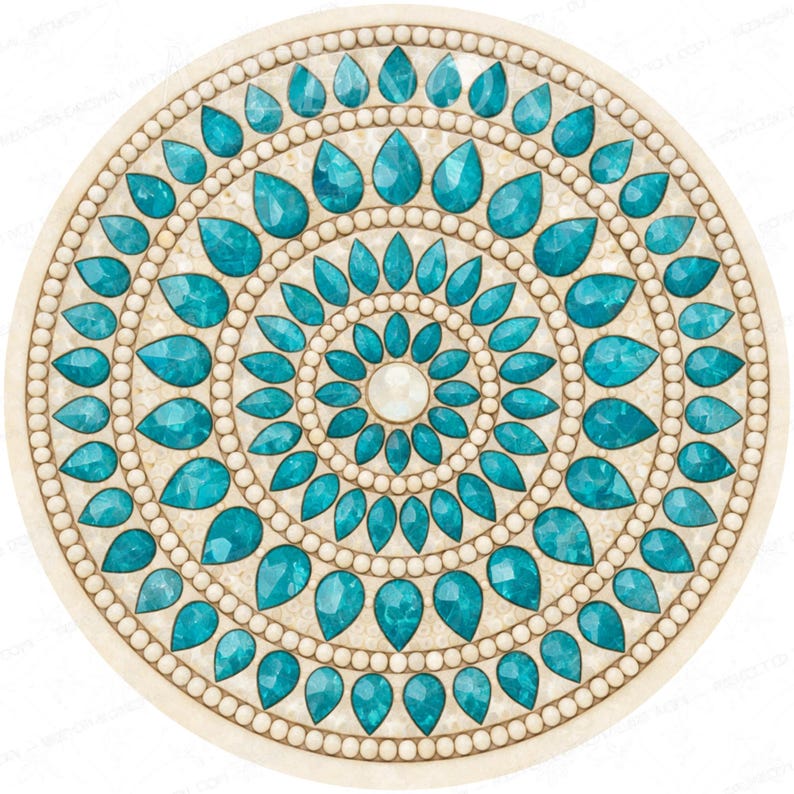 May include: A circular decorative wall art piece featuring a radial mandala pattern. The design consists of concentric rings of small cream-coloured beads alternating with rows of faceted, teardrop-shaped teal gemstones surrounding a central bead.