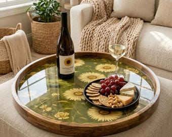 Sunflower Mango Wood Serving Tray | Vintage Floral Ottoman Coffee Table Decor