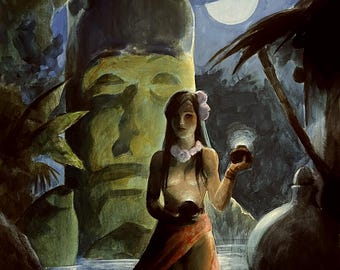 May include: A painting of a woman in a tropical setting, holding a glowing orb. She is standing in front of a large stone statue with a face, and a full moon is visible in the sky.