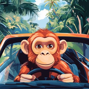 Monkey Driving Car Digital Poster Motif | Wall Art, Modern Prints, Instant Download | Decoration for Living Room, Office & Bedroom