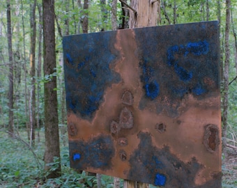 Könnte beinhalten: Ein rechteckiges Metallschild mit einer rostigen braunen Oberfläche und blauen Farbstichen. Das Schild ist an einem Holzpfosten in einem Wald befestigt.