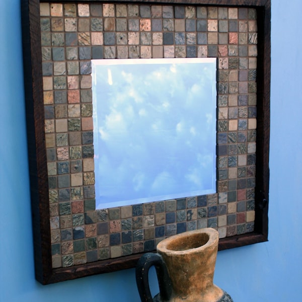Slate Beveled Framed Mirror. 1 Inch Slate Mirror. Slate Framed Mirror. Beveled Framed Mirror. Natural Stone Mirror. 23 x 23. Java Finish.