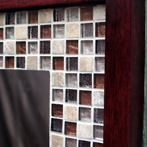 Glass Mosaic Tile Framed Mirror. Tile Framed Mirror. Brown & Cream Mosaic. "Brown Leatherboot" Mosaic. 30 x 36. Brown Merlot Finish.