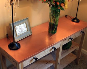 Large Console Table. Copper Console Table. Copper Top Table. Wood & Copper Sofa Table. Hickory Table. 48 l x 16 d x 30 t. Clear Coat Finish.