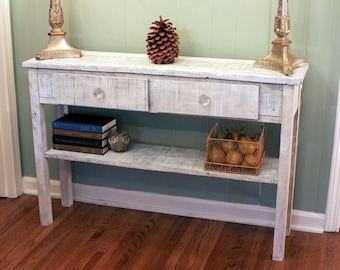 Whitewashed Sofa Table. White Hallway Table. Whitewash Entry Table.  Mother of Pearl Mosaic. 45 w x 12-1/4 d x 30 t. Distressed White Finish