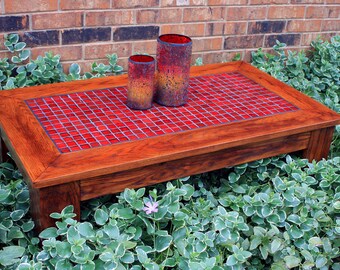 Red Mosaic Coffee Table.  Reddish Brown Coffee Table.  Mosaic Tile Coffee Table.  Organic Red Glass Coffee Table.  "Fire and Ice" Mosaic.