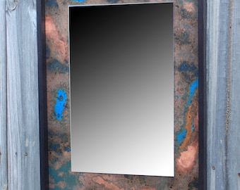 Copper Mirror. Copper Patina Mirror. Copper Art Mirror. Copper Mat Mirror. Copper & Wood Mirror. 22" wide x 30" long. Black Frame Finish.