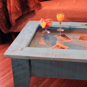 Display Coffee Table. Tempered Glass Display Table. Rustic Shadowbox Table. Turquoise Table. 40l x 24w x 18t. Distressed Turquoise Finish image 4