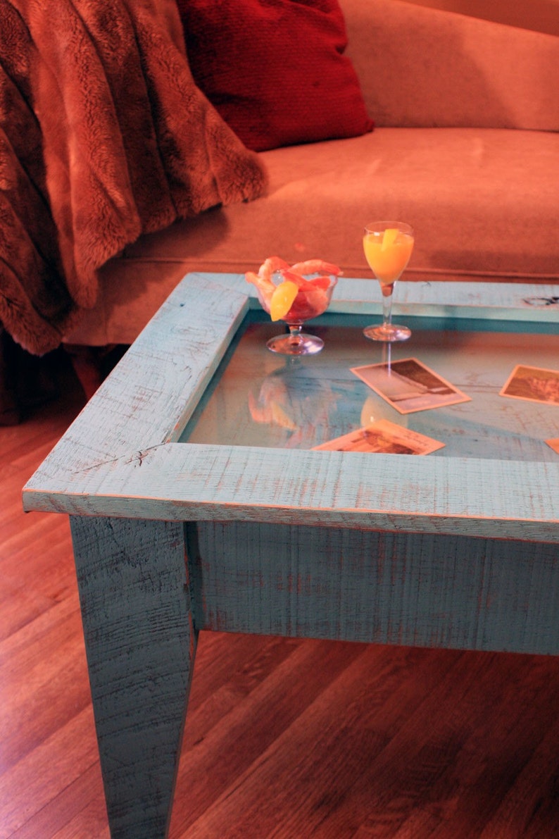 Display Coffee Table. Tempered Glass Display Table. Rustic Shadowbox Table. Turquoise Table. 40l x 24w x 18t. Distressed Turquoise Finish image 4