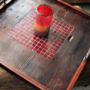 Very Large Serving Tray. Very Large Ottoman Tray. Mosaic Tile Ottoman Tray. Tile Tray. &quot;Fire & Ice&quot; Mosaic.  30 x 30.  Dark Brown Finish
