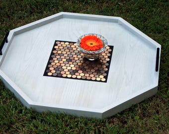 Octagon Tray. Copper Ottoman Tray. Round Ottoman Tray. Octagonal Copper Serving Tray. Copper Mosaic Tray. 28" Diameter. Light Gray Finish.