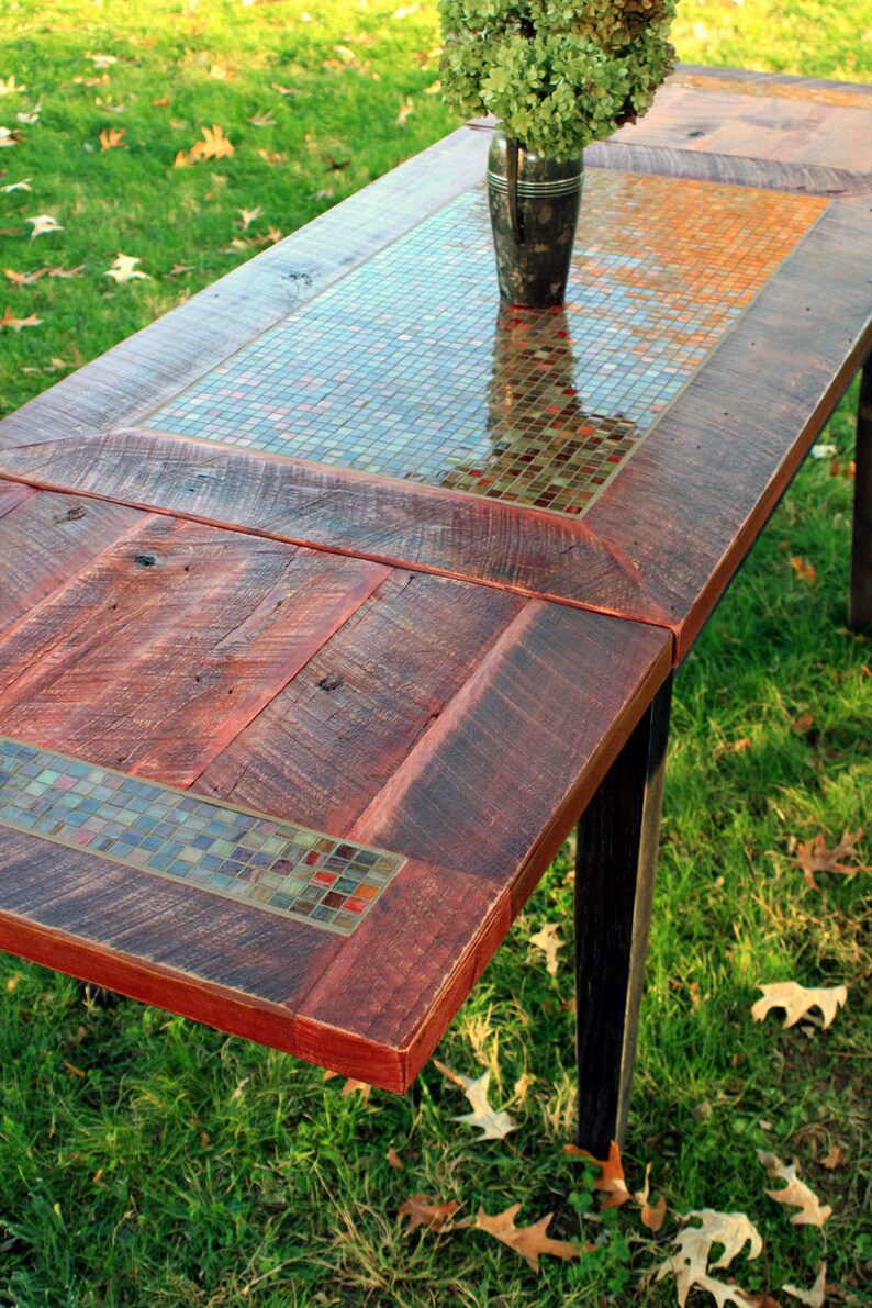 Mosaic Dining Table. Large Dining Table. Extension Table. Drop Leaf Table. Stained Glass Mosaic. 30w x 90l x 30t. Vintage Red Finish. image 5