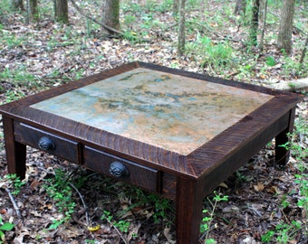 Very Large Copper Coffee Table w/ Drawers & Casters. Large Copper Patina Coffee Table. 42" l x 42" w x 17" t. Dark Brown Finish