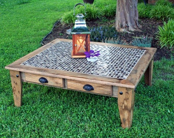 Very Large Coffee Table with Drawers. Rustic Mosaic Tile Coffee Table. "Roman Ruins" Mosaic. 48"l x 40"w x 17"t. Natural Finish - Sealed