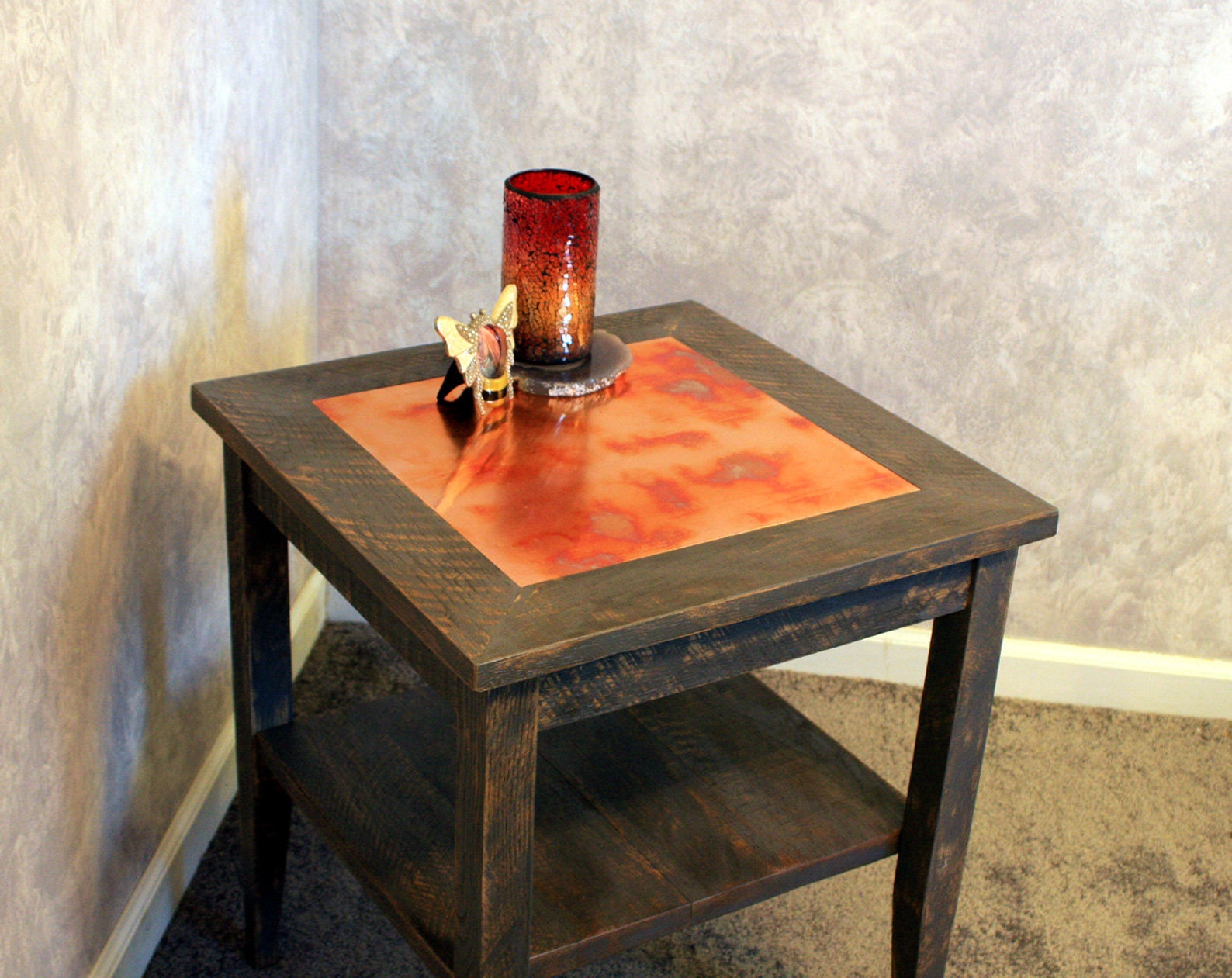 Copper End Table. Textured Wood End Table. Copper Top Side Table. Dark ...