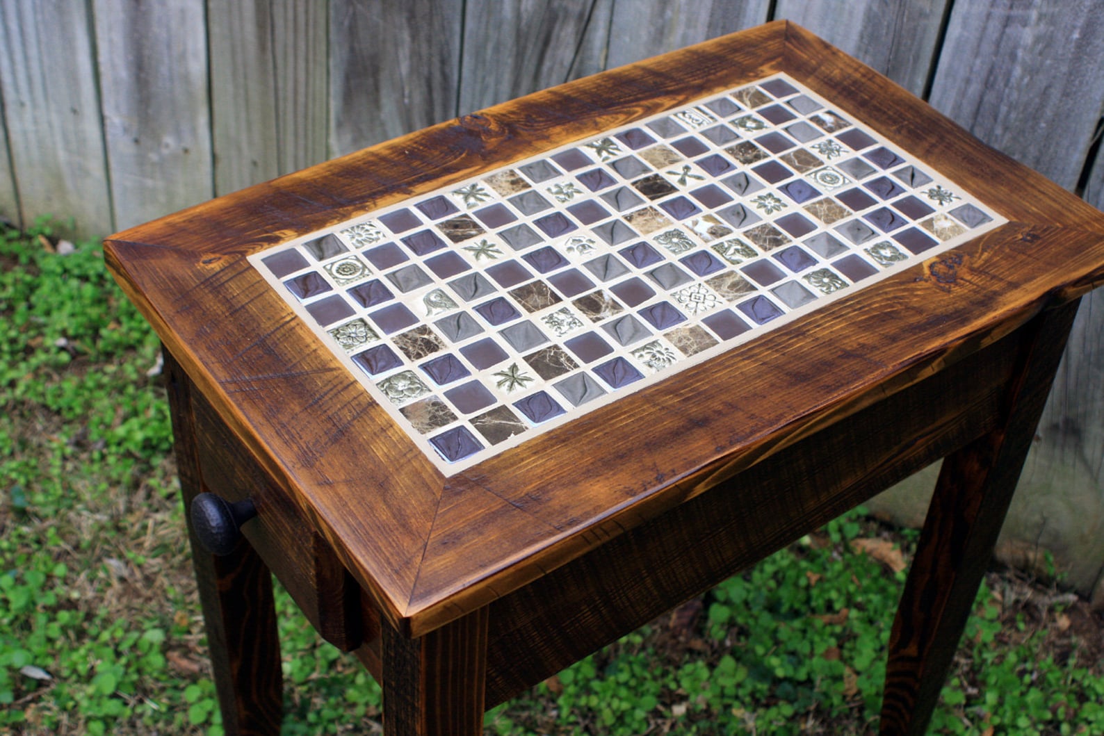Mosaic Tile Side Table. Mosaic End Table. Rustic Table W/ Drawer ...