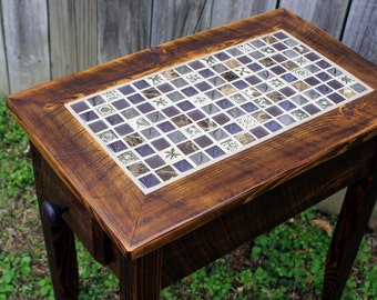Mosaic Tile Side Table. Mosaic End Table. Rustic Table w/ Drawer. "Reflections Tile" Mosaic. 21"l x 13"w x 24"t. Dark Brown Finish