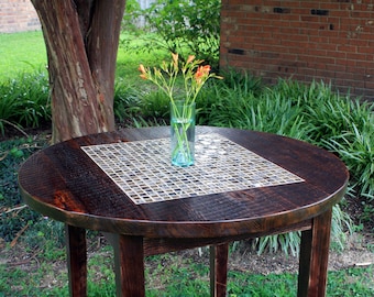 Round Dining Table. Round Mosaic Tile Kitchen Table. Four Person Breakfast Table. 42" diameter x 30" tall. "Roman Ruins". Dark Brown Finish