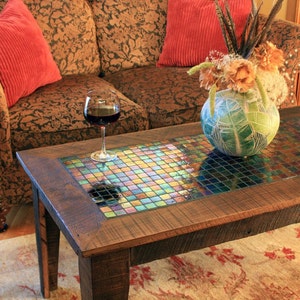 Large Coffee Table w/ Iridescent Glass Tile Inlay. Mosaic Coffee Table. Starry Night Mosaic. 48l x 24w x 20t. Light Java Finish. image 4