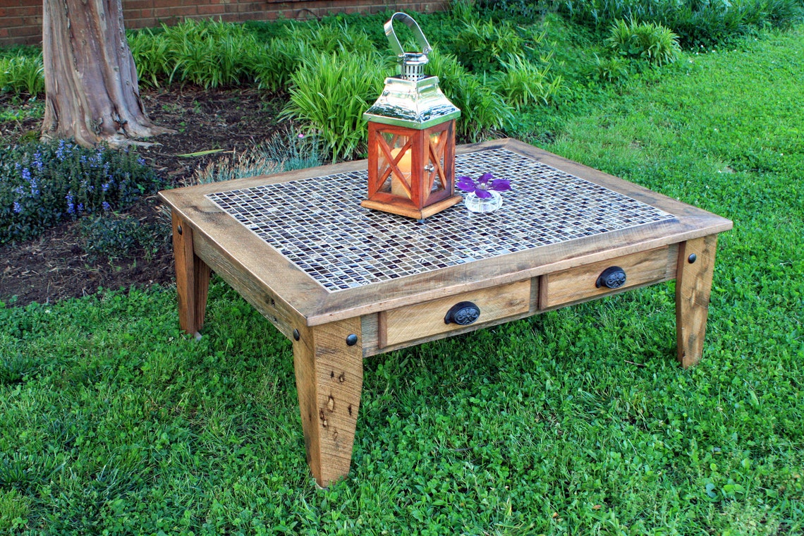 Very Large Coffee Table With Drawers. Rustic Mosaic Tile Etsy