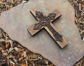 Cast Iron and Wood Cross.  Wood Cross.  Cast Iron Cross.  Christmas Gift Cross.  9 w x 12 l Cross. Unfinished Face + Black Trim Finish.
