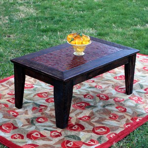 Glass Mosaic Coffee Table. Red Tile Coffee Table. Rustic Contemporary Coffee Table. Fire & Ice Mosaic. 40l 23w x 17t. Dark Brown Finish image 5