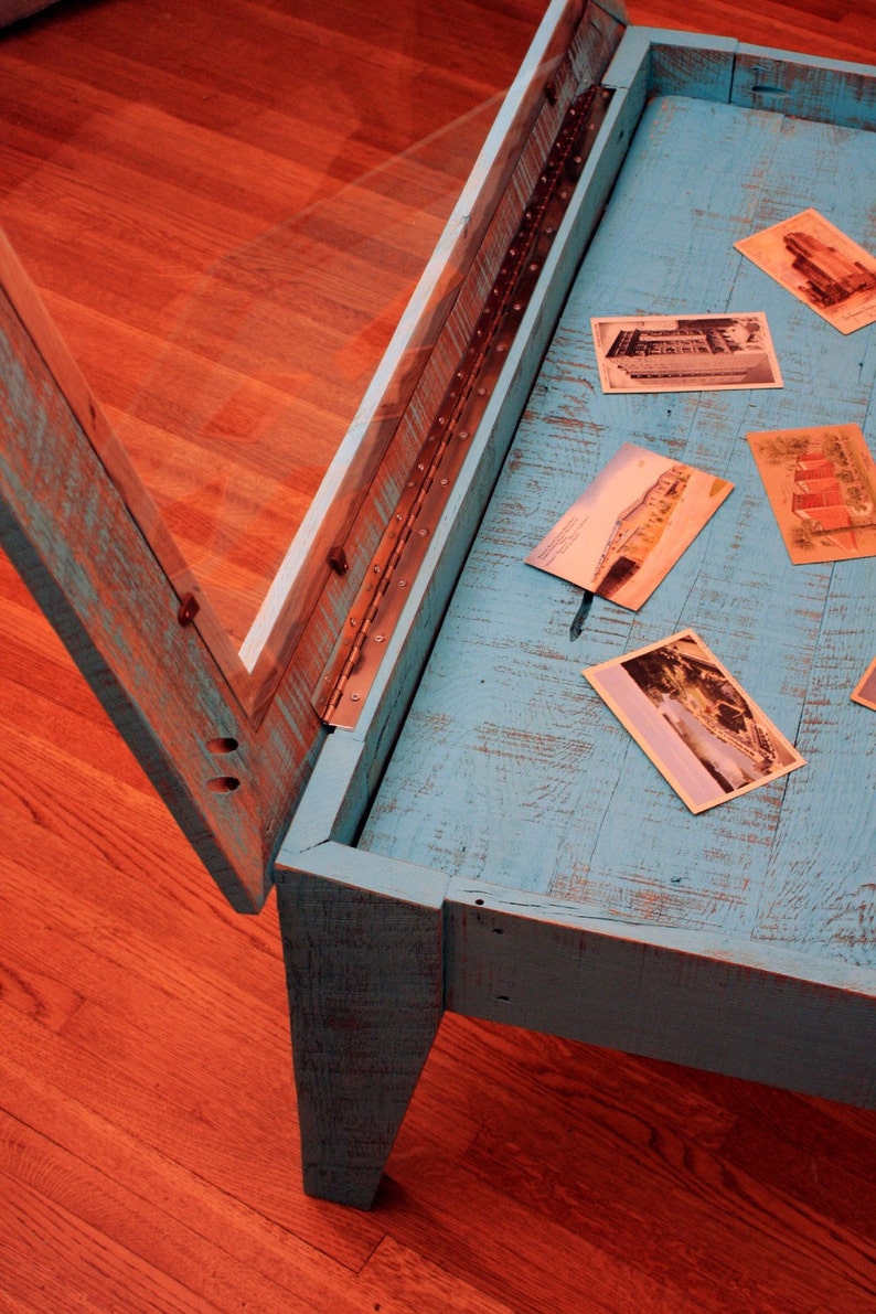 Display Coffee Table. Tempered Glass Display Table. Rustic Shadowbox Table. Turquoise Table. 40l x 24w x 18t. Distressed Turquoise Finish image 5