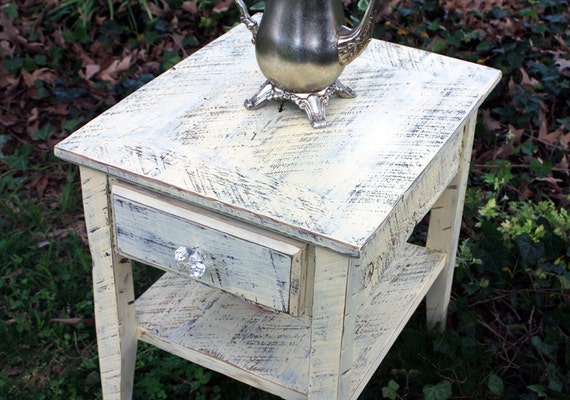 Cream Colored Side Table. Yellow End Table W Drawer. Rustic End