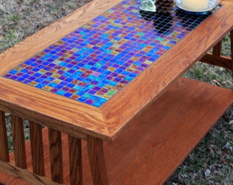 Mission Style Coffee Table. Arts and Crafts Coffee Table. Glass Mosaic Tile Coffee Table.  48 l x 24 w x 20 t. Light, Medium Brown Finish.