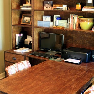 Modular Office Desk. Custom Office Desk. Office Furniture. Home Office Desk.  73&quot;l x 70&quot;w x 74&quot;t. Distressed Reclaimed Medium Brown Finish.
