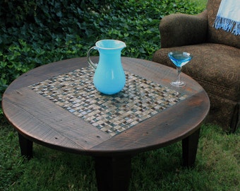 Round Coffee Table. Dark Brown Circular Coffee Table. Tile Mosaic Round Table. "Roman Ruins" Mosaic. 38"diameter x 17"t. Dark Brown Finish