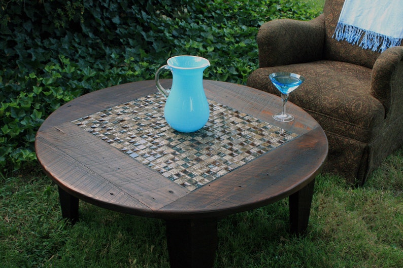 Round Coffee Table. Dark Brown Circular Coffee Table. Tile Mosaic Round Table. Roman Ruins Mosaic. 38diameter x 17t. Dark Brown Finish image 1