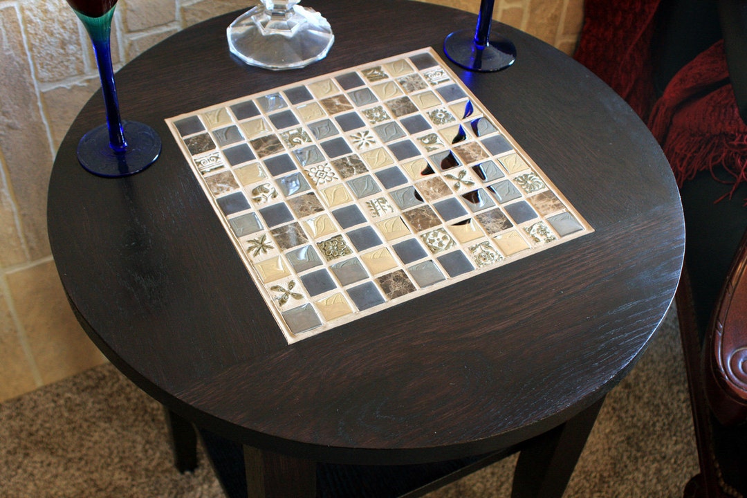 Round End Table. Round Mosaic End Table. Neutral Mosaic Tile End Table