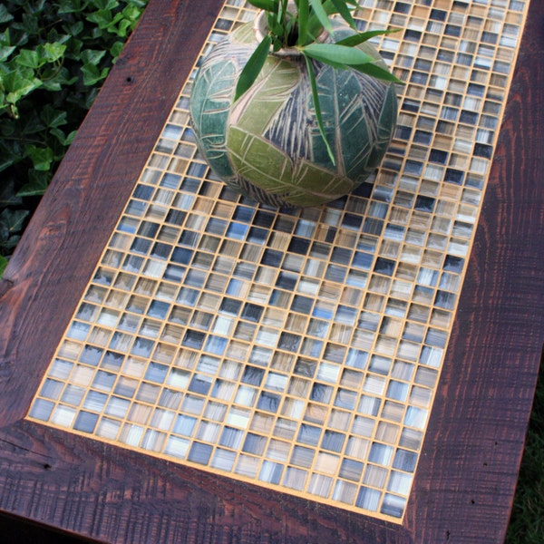 Coffee Table. Mosaic Tile Coffee Table. Rustic Coffee Table. Neutral Table. "Bamboo Beach" Mosaic. 40"l x 23"w x 17"t. Dark Brown Finish