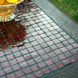 Glass Mosaic Coffee Table. Red Tile Coffee Table. Rustic Contemporary Coffee Table. Fire & Ice Mosaic. 40l 23w x 17t. Dark Brown Finish image 2