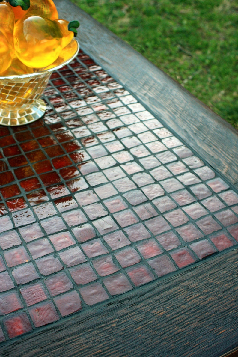 Glass Mosaic Coffee Table. Red Tile Coffee Table. Rustic Contemporary Coffee Table. Fire & Ice Mosaic. 40l 23w x 17t. Dark Brown Finish image 2