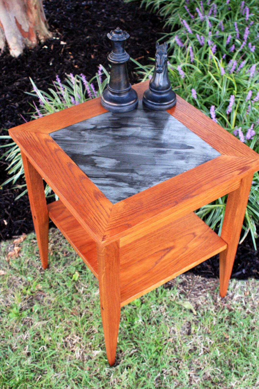 Metal Top End Table. Brown & Black Side Table. Aluminum Top Side Table