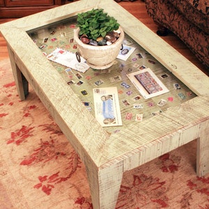 Display Coffee Table. Distressed Moss Green Coffee Table. Rustic Display Coffee Table. 40"l x 24" x 18"t. Distressed Moss Green Finish